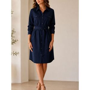 Elevee Navy Blue Long Sleeve Tie Waist Knee Length Shirt Dress Size M by Sandro